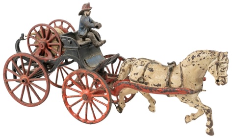 Hubley Cast Iron Hose Reel. Single horse-drawn wagon with h...