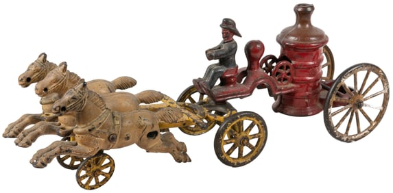 American Three-Horse Cast Iron Fire Pumper Toy. Possibly Hu...