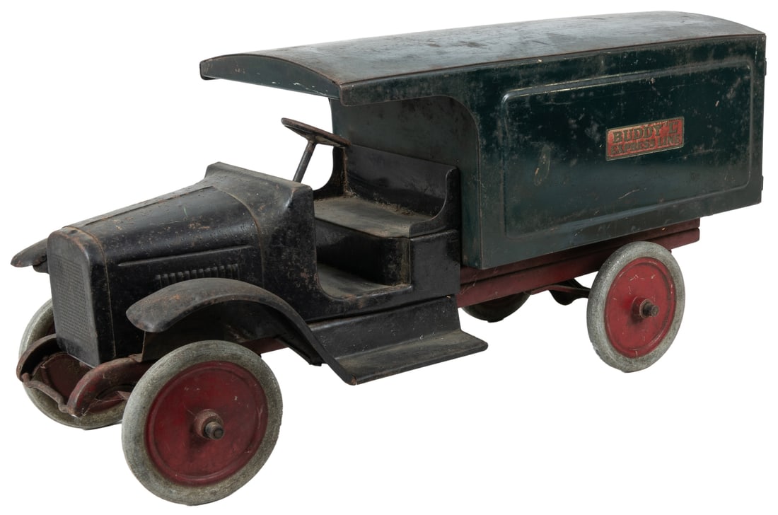 Buddy L Express Line Truck. Painted pressed steel, unrestor...: Buddy L Express Line Truck. Painted pressed steel, unrestored, length 23 ½”.