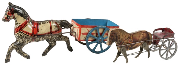 Two Horse and Pony Cart Toys. Includes a pony cart (6 ¾”) a...