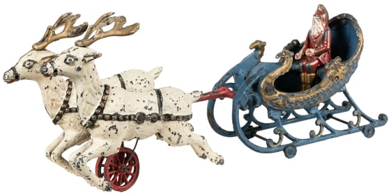 Cast Iron Santa and Two Reindeer Sleigh. Hubley-style cast ...