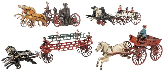 Group of Four Cast Iron Horse-drawn Fire Wagons. Includes o...