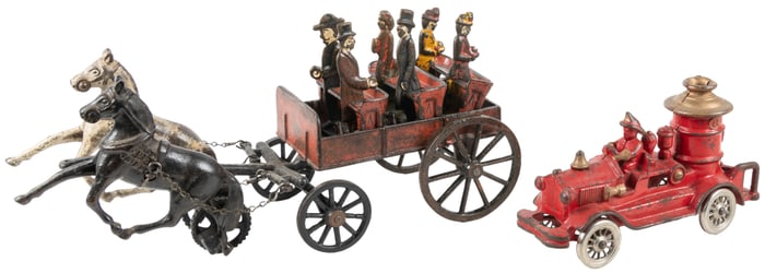 Pair of Vintage Cast Iron Toys. Including: a horse-drawn fi...