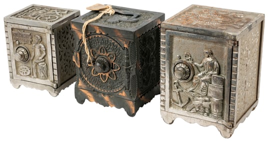 Trio of Miniature Cast Iron Safes, including: “Burglar Proo...