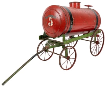 Painted Horse-Drawn Water Tank Wagon on Wheels. [Ca. 19th -...
