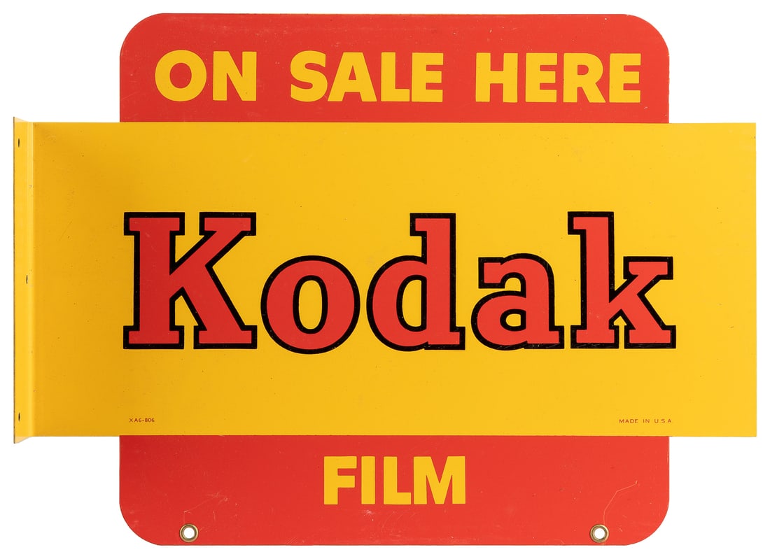 Kodak Film Flange and Prompt Processing Service Here Sign. ...: Kodak Film Flange and Prompt Processing Service Here Sign. Double-sided metal flange sign for Kodak Film in the original packaging from Kodak, includes two original “Prompt Processing Service He