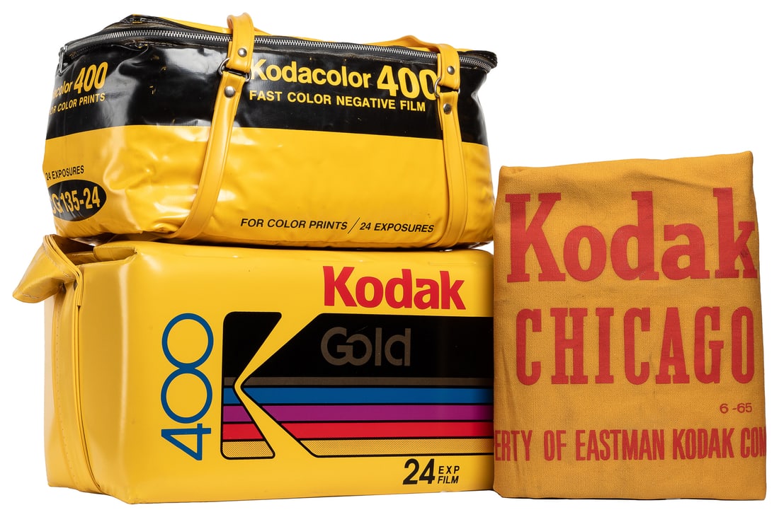 Three Kodak Film Bags. Eastman Kodak Company, 20th century....: Three Kodak Film Bags. Eastman Kodak Company, 20th century. Includes two vinyl Kodak film cooler bags. Kodacolor Gold Film 400 [and] Kodacolor 400. Together with a zippered canvas film bag “Koda