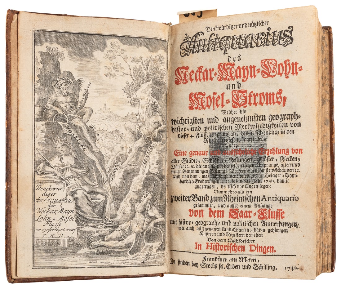 [GERMANY]. DIELHELM, J[ohann ] H[ermann] (1702-1784). Denkw...: [GERMANY]. DIELHELM, J[ohann ] H[ermann] (1702-1784). Denkwürdiger und nützlicher Antiquarius des Neckar, Mayn, Lohn, und Mosel-Stroms… Frankfurt: Erben and Schilling, 1740. Small 8vo.