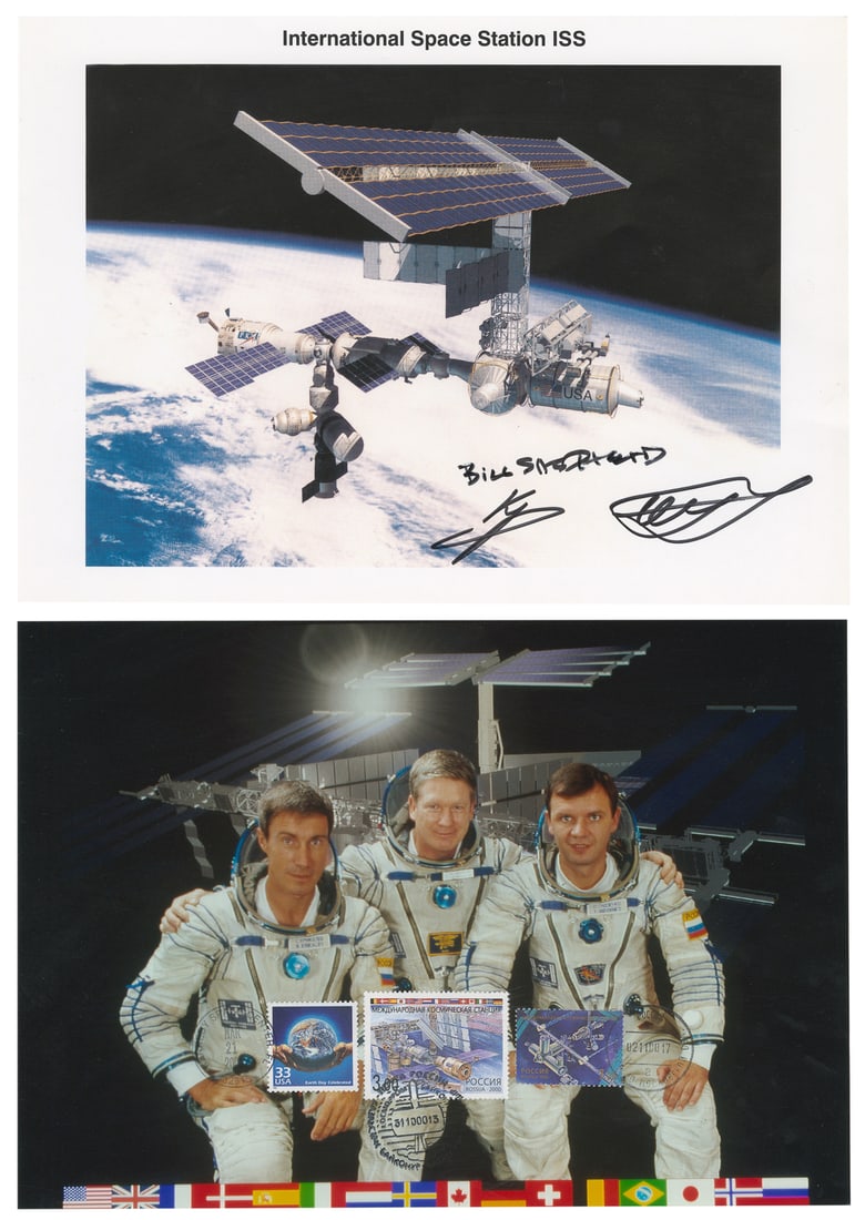 [NASA AND RUSSIAN SPACE PROGRAM MEMORABILIA]. Photo of the ...: [NASA AND RUSSIAN SPACE PROGRAM MEMORABILIA]. Photo of the International Space Station Signed by Astronaut William Shepherd, and Cosmonauts Sergey Krikalew and Yuri Gidzenko. [Ca. 2000]. 8 x 11”