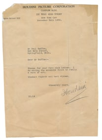 HOUDINI, Harry (Erik Weisz, 1874 – 1926). Houdini TLS on Pi...