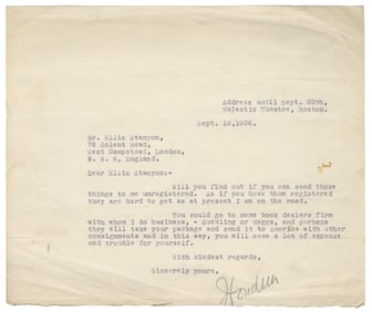 HOUDINI, Harry (Erik Weisz, 1874 – 1926). Houdini TLS to Fe...