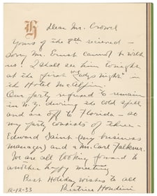 HOUDINI, Beatrice (1876 – 1943). Beatrice Houdini Autograph...