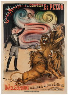 Grande Menagerie du Dompteur Ed. Pezon / La Danse Serpentin...: Grande Menagerie du Dompteur Ed. Pezon / La Danse Serpentine. Paris: Ch. Levy, ca. 1890s. Color stone lithograph poster of Edmond Pezon (1868—1916) with an assistant presenting a serpentine danc