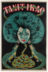 Tanit Ikao. Portugal: Lito Salles, ca. 1950s. Large color l...: Tanit Ikao. Portugal: Lito Salles, ca. 1950s. Large color lithograph poster of the reptile hypnotist with a snake coiled around her head, above an alligator. 68 x 45”. Linen backed. Scattered mi
