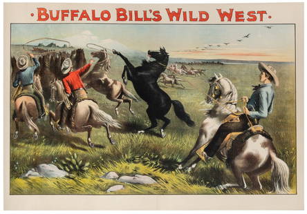 Buffalo Bill’s Wild West. Boston & New York: The Forbes Co....: Buffalo Bill’s Wild West. Boston & New York: The Forbes Co., ca. 1885. Horizontal one-sheet color lithograph poster promoting the Wild West show, depicting a group of cowboys lassoing mustangs.