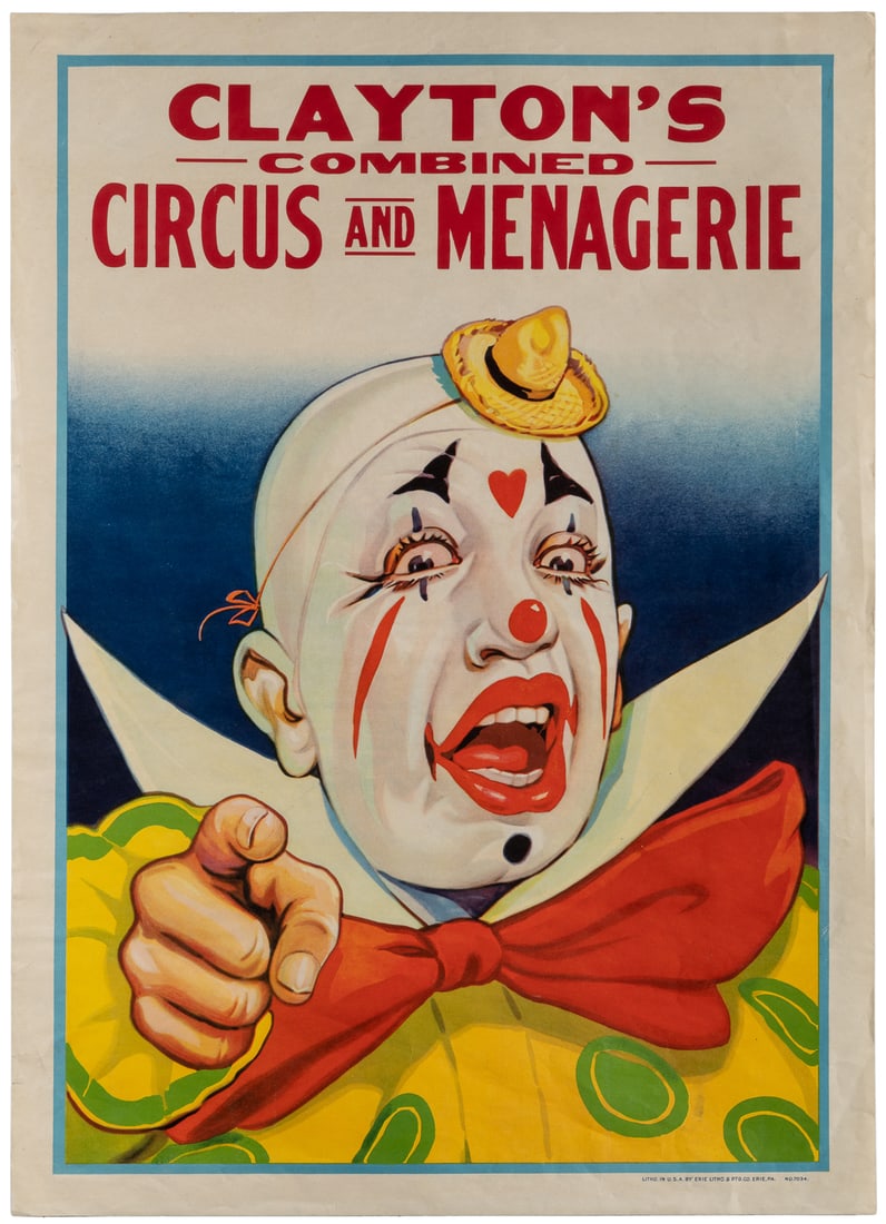 Clayton’s Combined Circus and Menagerie. Erie Litho, ca. 19...: Clayton’s Combined Circus and Menagerie. Erie Litho, ca. 1930s. Half-sheet, approx. 28 x 21”. Unbacked. Crisp, clean condition. Minor creases. A/A-.