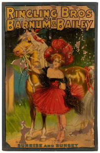 Ringling Bros. and Barnum & Bailey / Sunrise and Sunset. Ci...: Ringling Bros. and Barnum & Bailey / Sunrise and Sunset. Cincinnati: Strobridge Litho, ca. 1920s. Color lithograph poster. 39 x 25”. Mounted on Masonite, heavily worn with staining, losses, and
