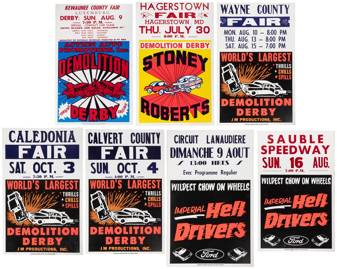 Seven Demolition Derby Window Cards. Circa late 20th centur...: Seven Demolition Derby Window Cards. Circa late 20th century. Most printed by Triangle Poster, Pittsburgh. 22 x 14”. Generally A- condition.