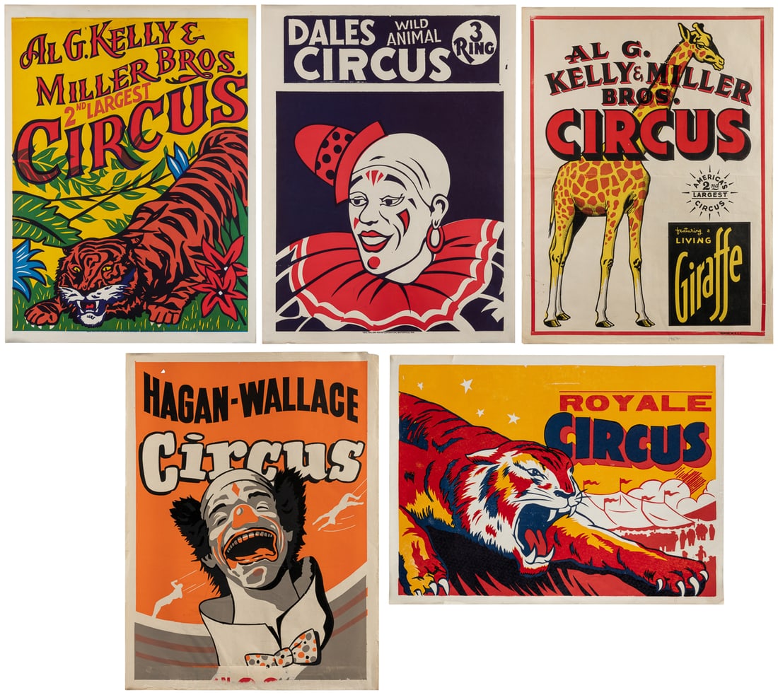 [CIRCUS]. Five American half-sheet circus posters. Circa 19... (1 of 6)