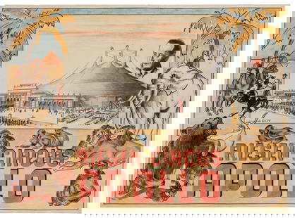 GOY. Riesen Circus / Apollo. Poster maquette. Germany, ca. ...: GOY. Riesen Circus / Apollo. Poster maquette. Germany, ca. 1950s. Mixed media on paper, depicting the massive circus tent and exotic animals from Africa and India. 12 1/8 x 16 ¾”. Linen bac
