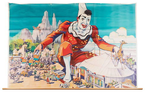 German circus six-sheet poster. Hamburg: Sulter, ca. 1950s....: German circus six-sheet poster. Hamburg: Sulter, ca. 1950s. Color lithograph poster. 65 x 97”. Linen backed, wooden rod attached at bottom. Scattered wear at edges and along folds. B.