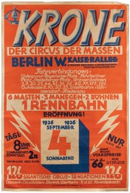 Krone / Der Circus der Massen. Berlin: Beigat, 1926. Poster...