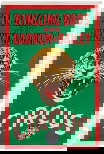 Ringling Bros. and Barnum & Bailey Circus / Leopard. Offset...: Ringling Bros. and Barnum & Bailey Circus / Leopard. Offset lithograph poster with the iconic roaring leopard at the center on a bright green background with contrasting red text. 42 x 28”. Unba