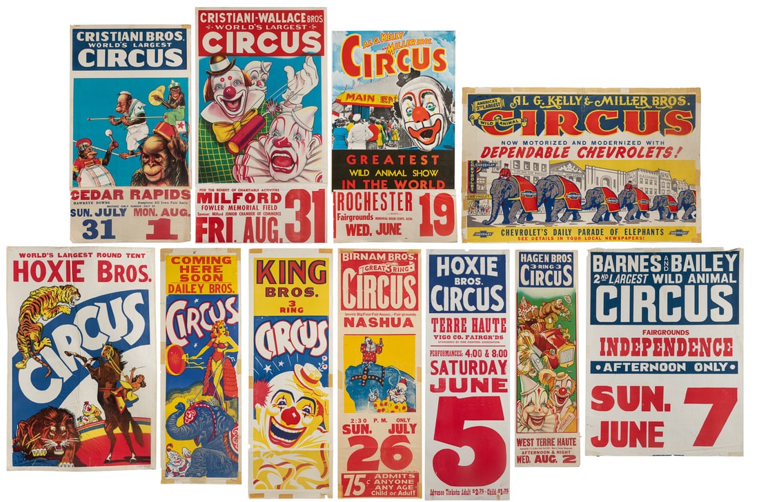 Group of 10 American circus posters. Mid-20th century. Ten ... (1 of 12)