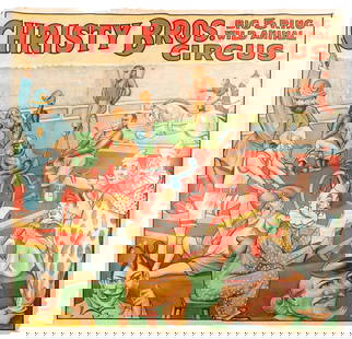 Christy Bros. Big 5 Ring Wild Animal Circus. Billboard-size...: Christy Bros. Big 5 Ring Wild Animal Circus. Billboard-sized color lithograph poster depicting an elaborate circus scene, composed of an array of performers at the center, surrounded by onlookers. 81
