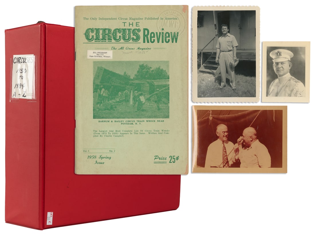 Large Collection of Nearly 120 Items of Circus Ephemera and...: Large Collection of Nearly 120 Items of Circus Ephemera and Original Snapshots. [V.p., ca. 1950s-80s]. Programs, tickets, snapshots, newspaper articles and ads, business cards, etc. Housed in 3 ring b