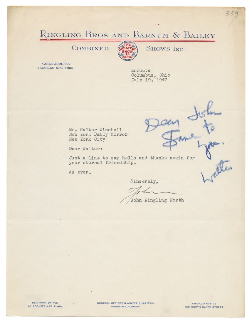 RINGLING NORTH, John (1903 – 1985). Typed letter signed. Co... (1 of 1)