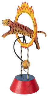 Circus Tiger Balancing Toy. Painted metal toy, depicting a ...: Circus Tiger Balancing Toy. Painted metal toy, depicting a tiger swinging back and forth through a hoop, nodding action on tiger’s head and tail. Height 16 ¼”.