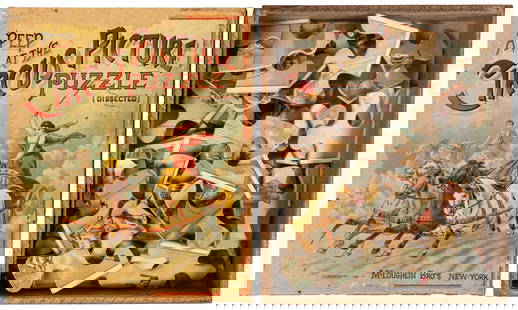 A Peep at the Circus Picture Puzzle. New York: McLoughlin B...: A Peep at the Circus Picture Puzzle. New York: McLoughlin Bros., 1887. Jigsaw puzzle in original wooden box with lithographed label. 12 ¼ x 10 x 2 ½”. Puzzle unassembled; pieces in goo