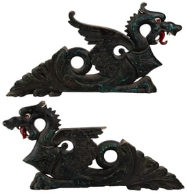 Pair of Carved Wooden Dragon Ornaments. Circa 20th century....