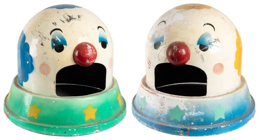 Two Circus Clown Motif Garbage Bin Toppers. American, circa...