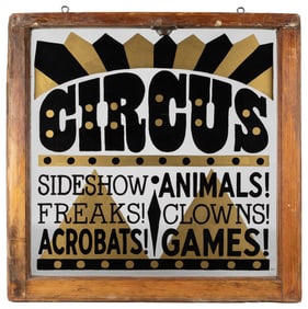 Circus Glass Window. In a wooden frame, lettered in black a...