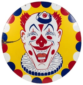 A Round Porcelain Clown Amusement Park Sign. Circa 1950s. 4...