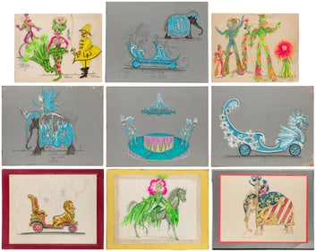 ARTIST UNKNOWN. Eight Original Circus Costume and Set Drawi...