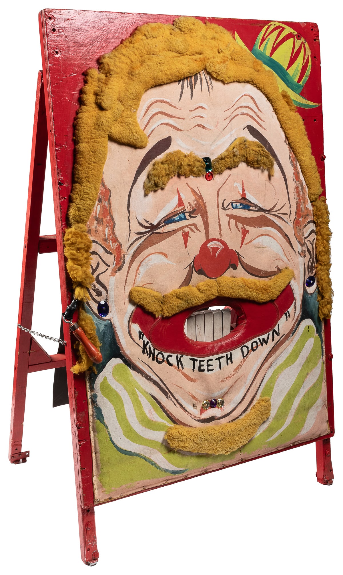 Knock the Teeth Carnival Game. 20th century. Painted canvas...: Knock the Teeth Carnival Game. 20th century. Painted canvas, wood, with fleece and costume jewel decoration for this carnival ball toss game. 57 x 32”. Minor wear from age and storage. Requires 