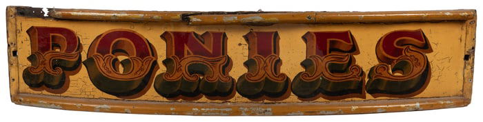[CARNIVAL DECORATIONS]. “Ponies” Curved Wooden Panel Sign. ...