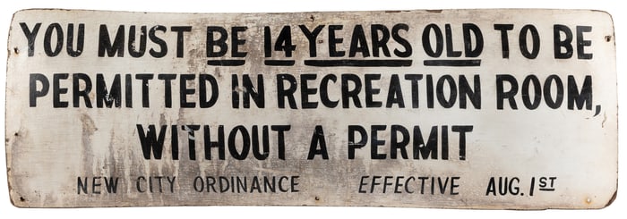 Recreation Room Age Restriction Sign. Black lettering on wh...