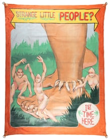 Strange Little People? sideshow banner. Painted canvas bann...