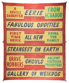 Eerie Fabulous Oddities sideshow banner. American, mid-20th...