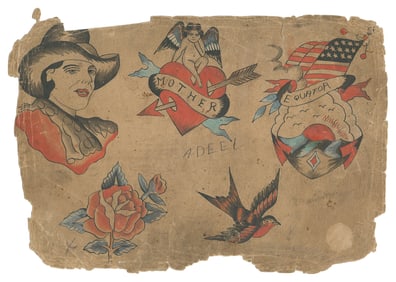 Traditional Tattoo Flash Sheet. The Bowery, New York, early...