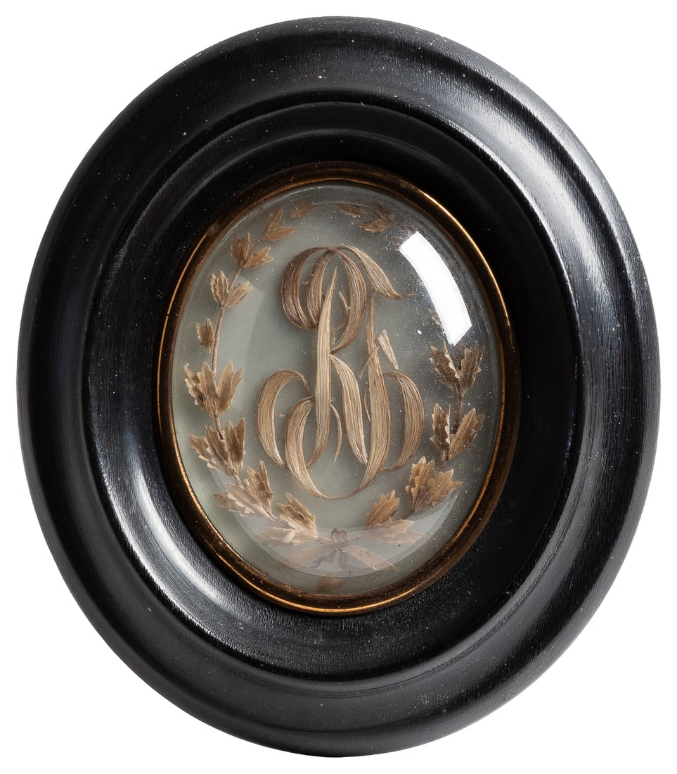 French Hair Mourning Display. France, ca. 1895. Oval wooden... (1 of 2)