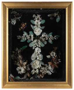 Funeral Feather Wreath / Cross Shadowbox Display. Circa 19t...: Funeral Feather Wreath / Cross Shadowbox Display. Circa 19th century. Featherwork display in felt-lined display, gilt frame, under glass. Wooden backing. 26 1/8 x 21 ¼”. Some loose feathers