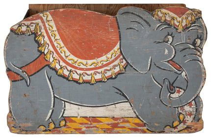 Circus Elephant Toy Box. Circa 1950s. Wooden box with a cut...