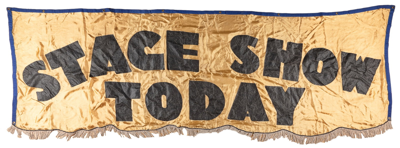 Stage Show Today Banner. Circa 1940s-50s. Embroidered thin ...: Stage Show Today Banner. Circa 1940s-50s. Embroidered thin fabric banner with fringe. 36 x 112”. Scattered small tears, stains, and minor wear.