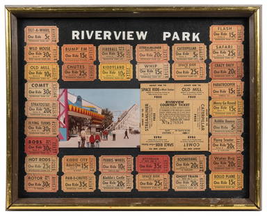 Group of Riverview Park (Chicago) memorabilia and souvenirs...: Group of Riverview Park (Chicago) memorabilia and souvenirs. Includes two framed displays of tickets and postcards (larger 24 x 20”); a souvenir hat; and a bag of confetti (tears on reverse side