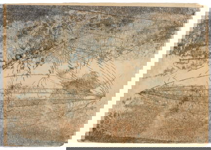 BERTOIA, Harry (American, 1915-1978). Untitled. 1941. Monop...: BERTOIA, Harry (American, 1915-1978). Untitled. 1941. Monoprint on paper. Illegible signature lower right. 14 x 20 ½”. Unframed. Private Collection. Deckled edges top and bottom. Pinholes